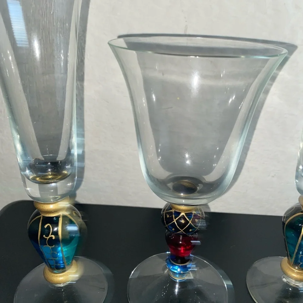 3 VTG Carnival Jeweled Dichroic Carnival MCM Champagne Flutes Multicolor Glasses